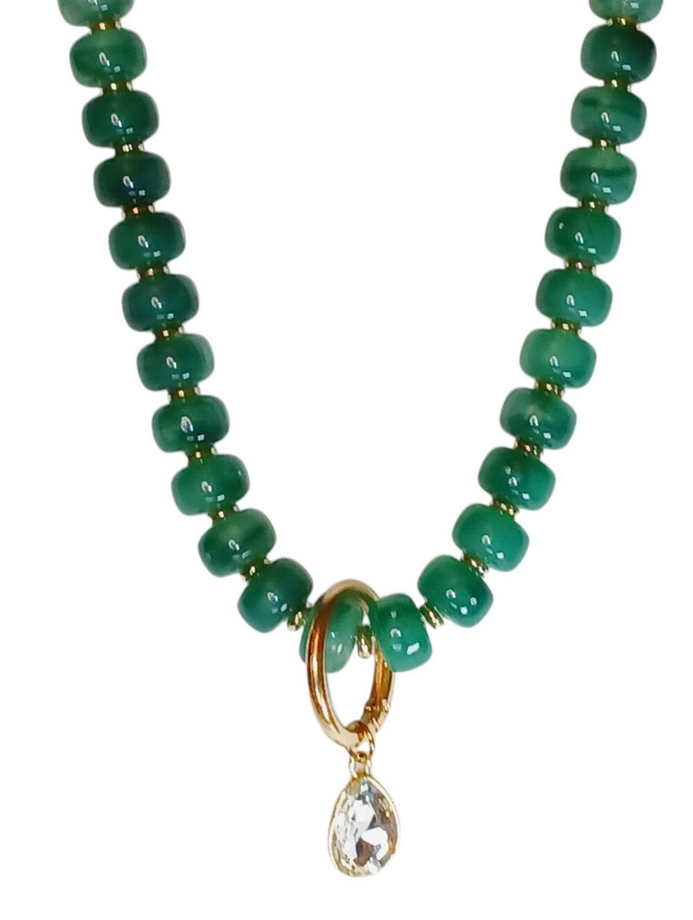Chunky Green Beaded Necklace Crystal Teardrop Pendant Coquette Fairycore 1980s